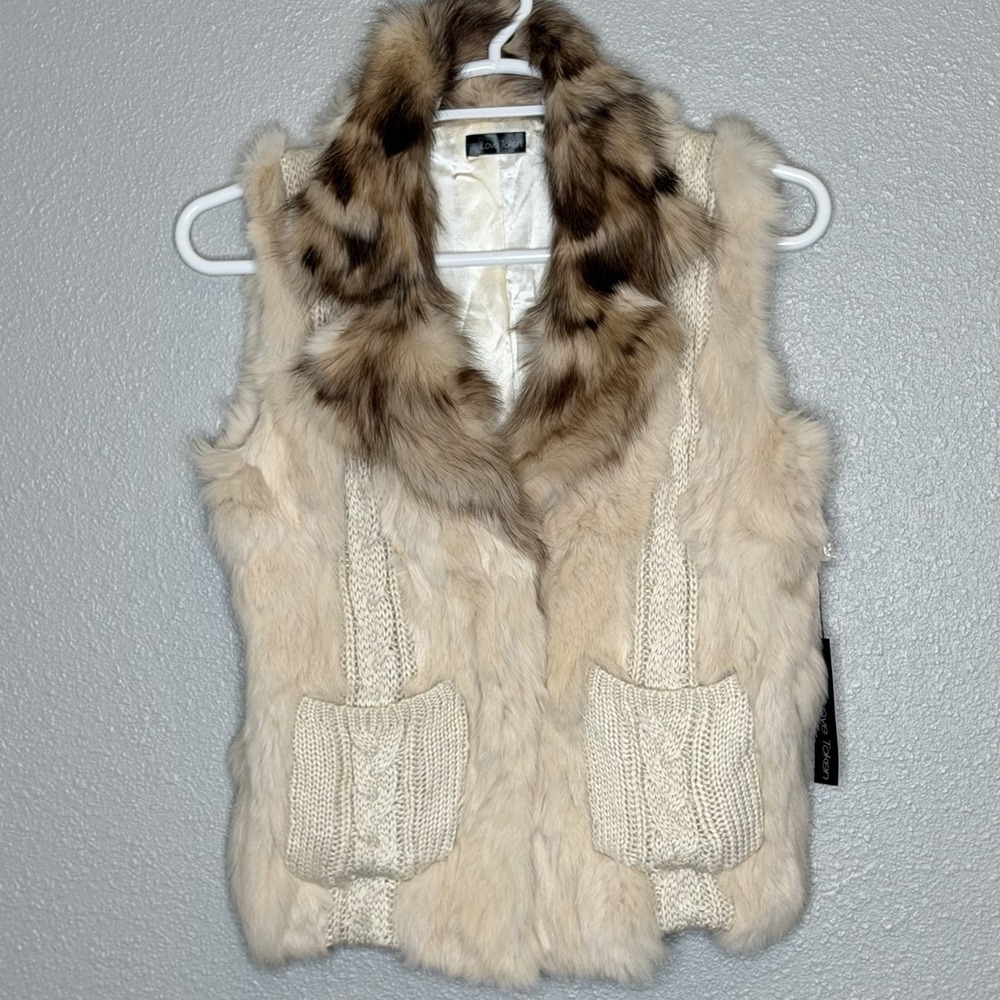Love Token Rabbit Fur Vest Raccoon Collar Champagne Knit Pockets Boho Chic M